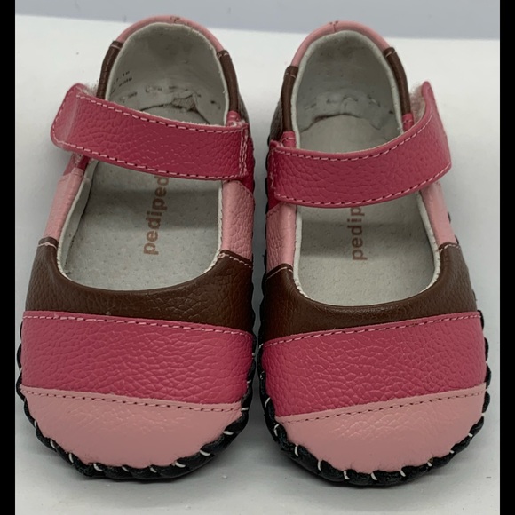 Pediped Pink & Brown Stripe Leather Crib Shoes 0-6m - Picture 2 of 7